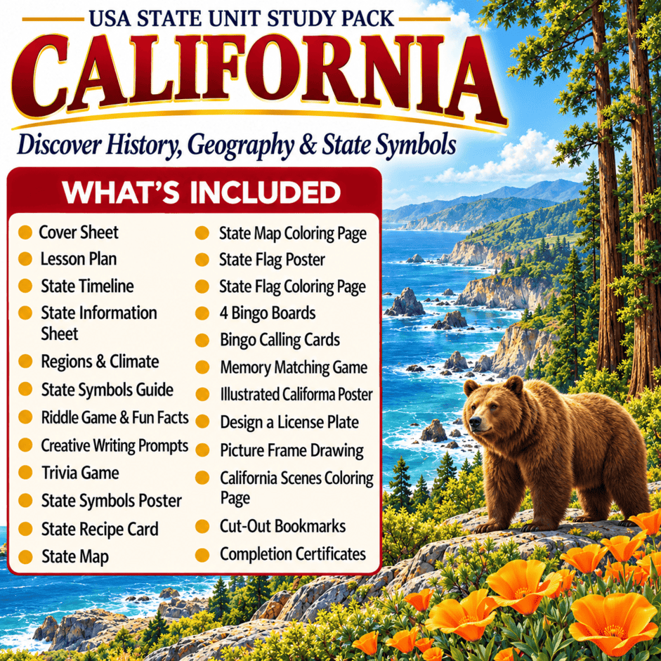 California USA State Unit Study Pack