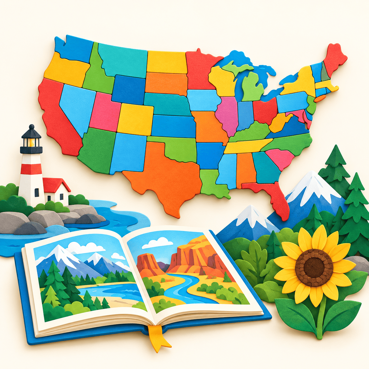Paper-cut United States geography scene