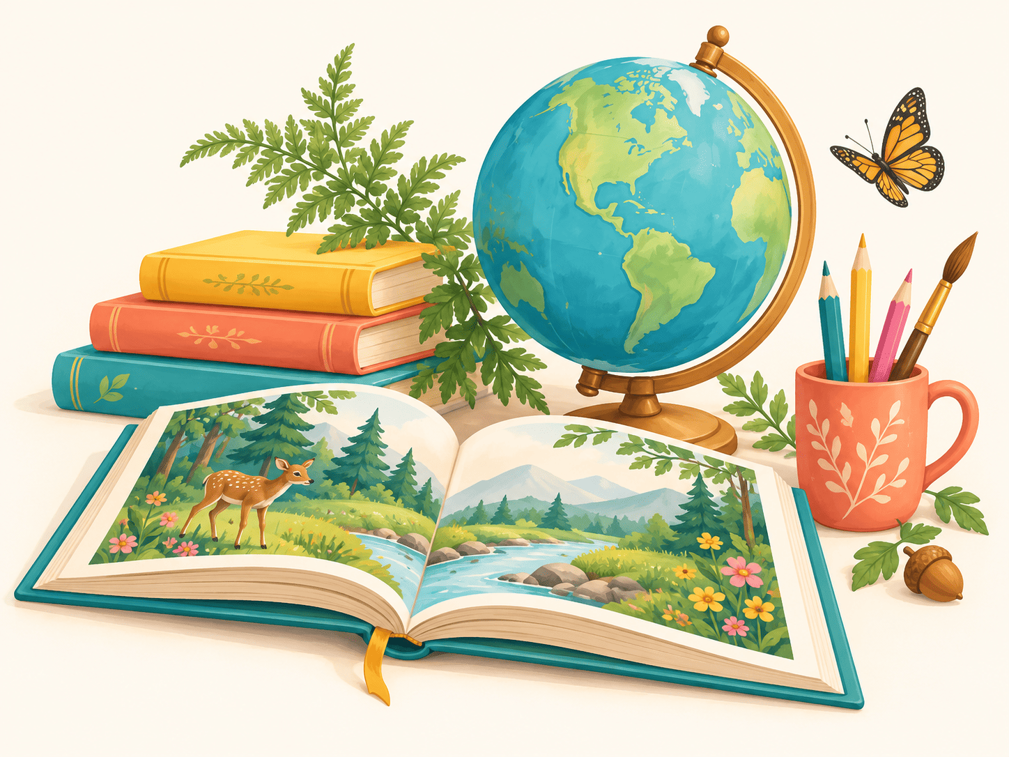 Books and a globe celebrating stories and discovery